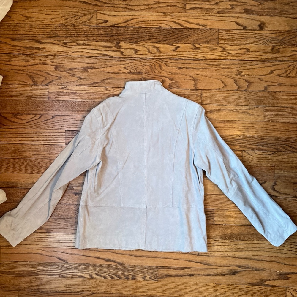 Chicos Women’s Suede Gray Jacket Sz 1 Button Front Military Mandarin Collar NWT - Picture 2 of 12
